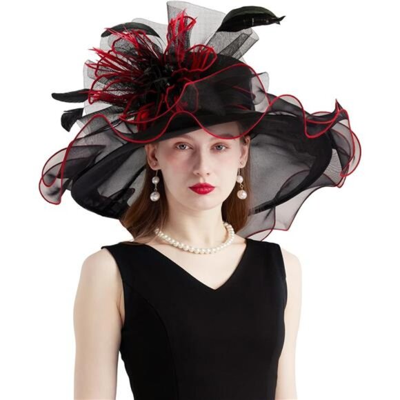 Women Organza Church Tea Party Hats Floral Black Red main image 5
